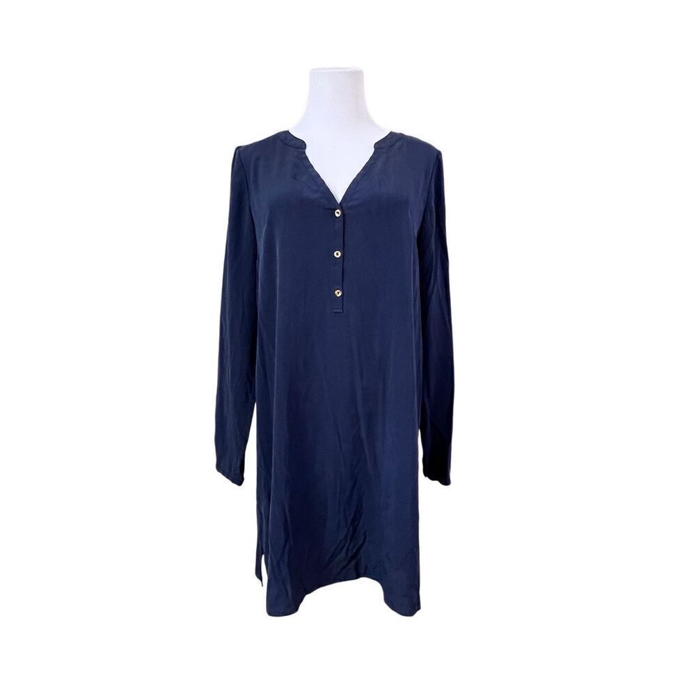 Lilly Pulitzer Delphine Stretch Silk Dress sz Medium Navy Blue Flowy Retail $198